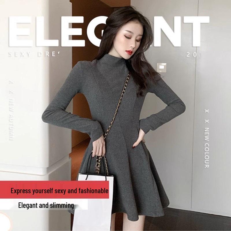 Women's Petite High-Neck Cinched-Waist Thermal Fleece Dress - Slimming A-Line Base Layer