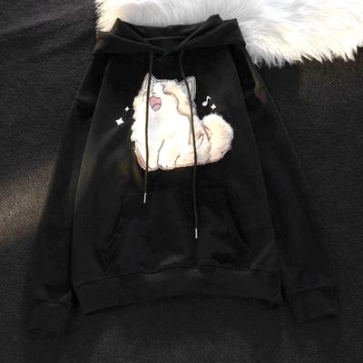 Winter Women Hoodie Drawstring Elastic Cuff Thick Cat Embroidery Fleece Oversize Patch Pocket