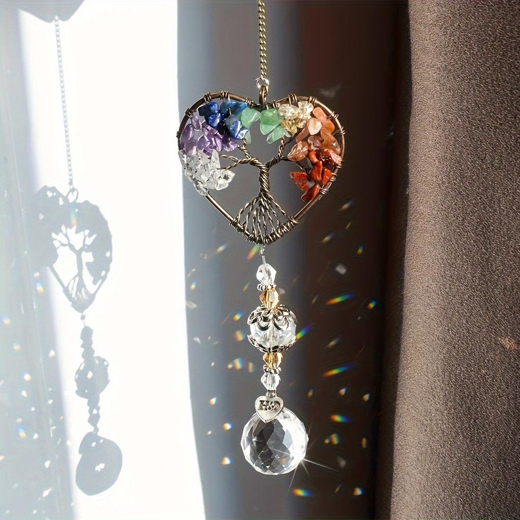 1pc Rainbow Crystal Sun Catcher, Tree Of Life Suncatchers Heart Shaped Hanging Ornament Chakra Stones Window Crystal Ball Prism