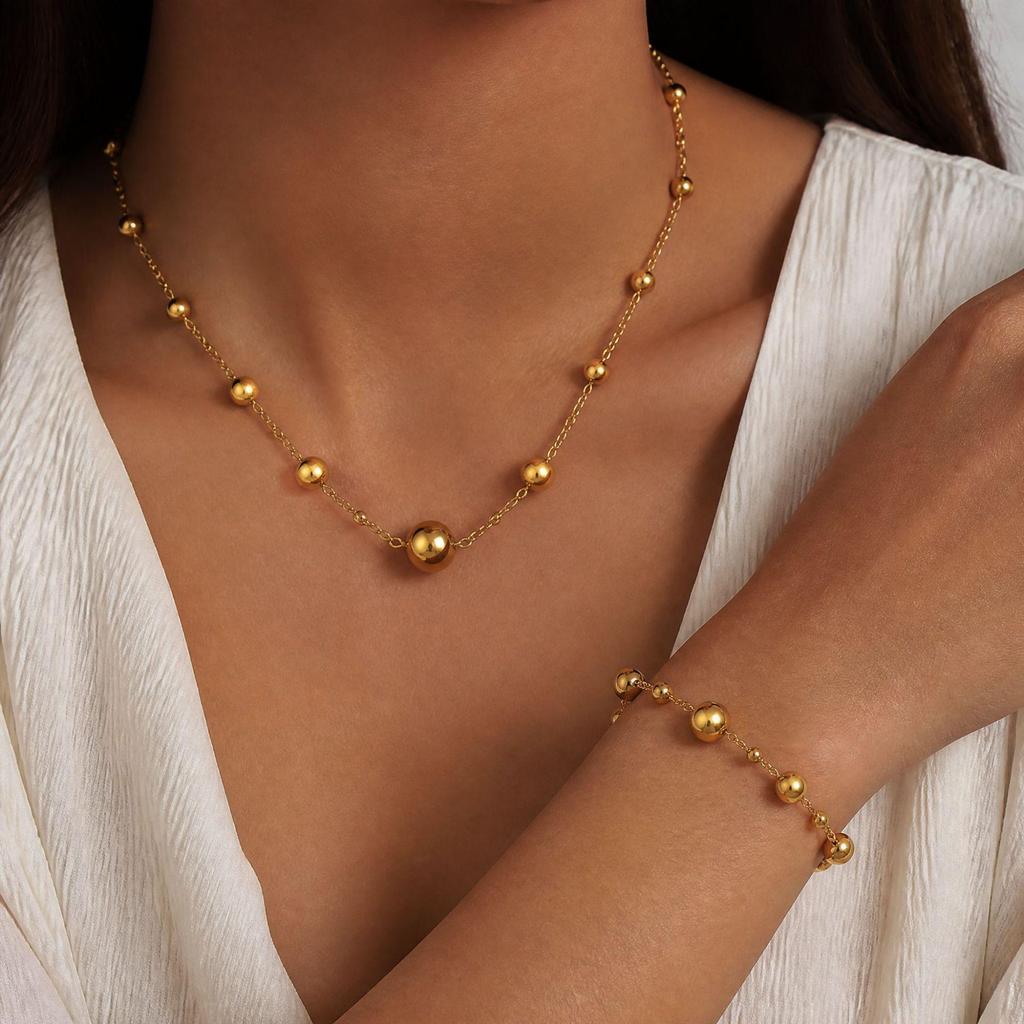 18K Gold-Plated Stainless Steel Bead Bracelet & Necklace Set for Women - Non-Fading, Versatile Fashion Jewelry