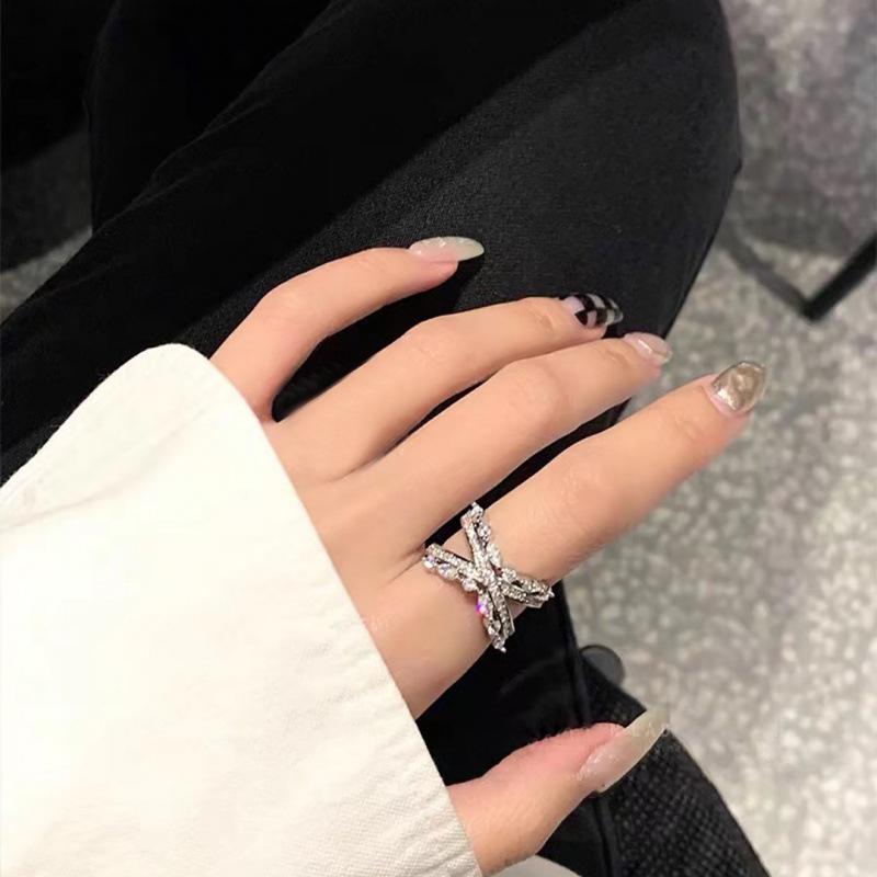 Korean Style Zirconia Glittering Cross Ring: Trendy Multi-layer Wide Band for Women Adjustable