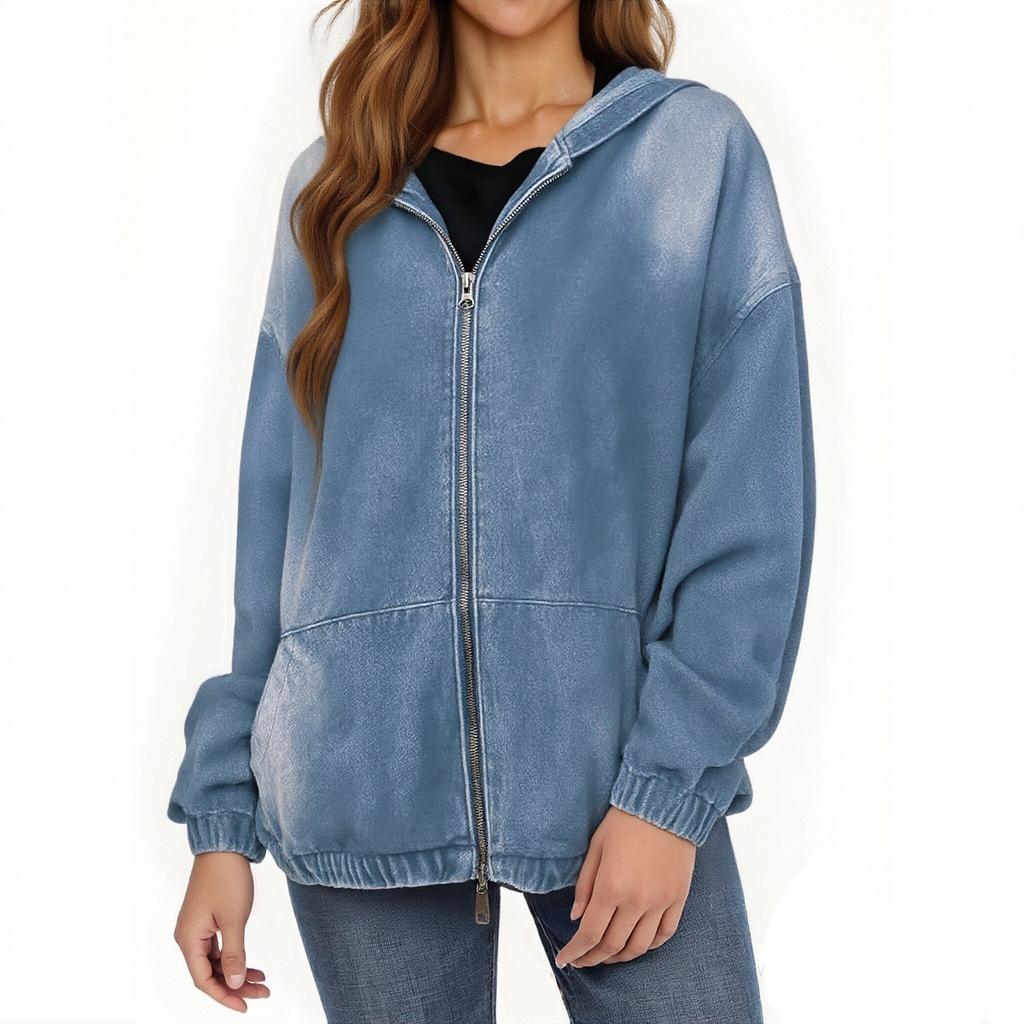 Women's Fashion Casual Zipper Denim Hooded Denim Jacket Coat