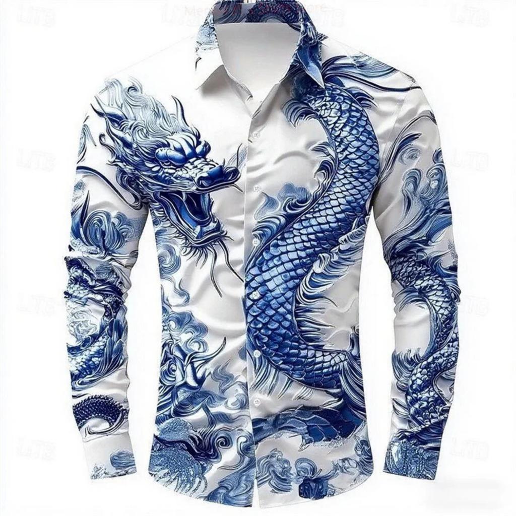 Trendy Long-sleeve Shirt with Detailed Dragon Print, Stylish and Versatile for Daily Wear.