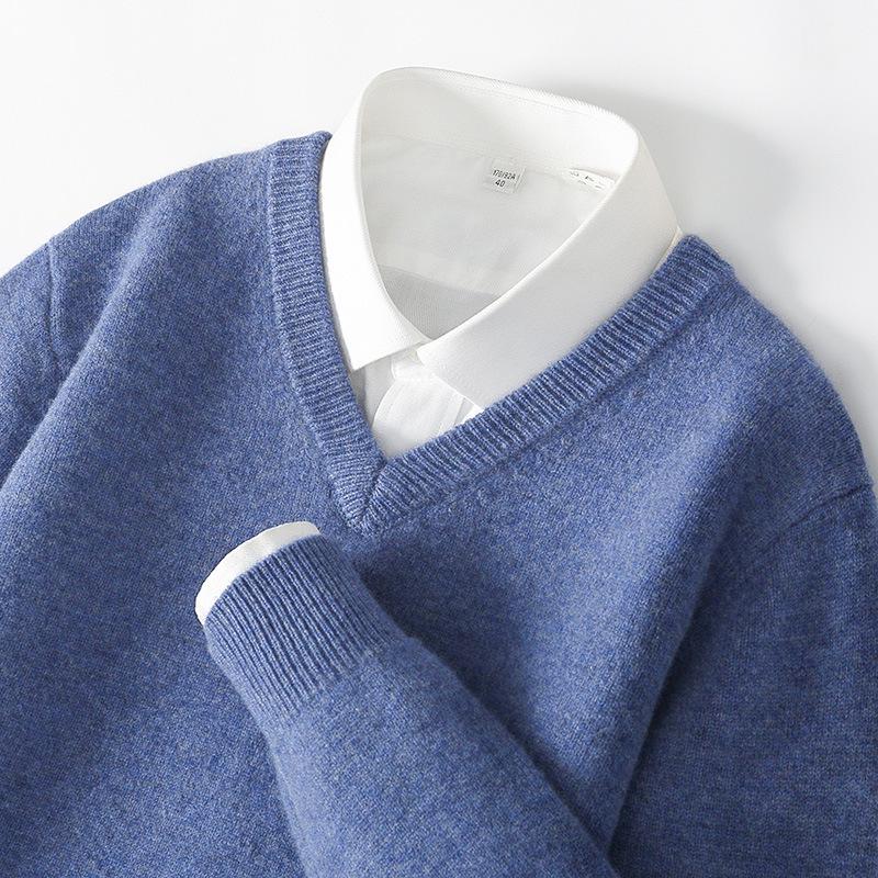 Men's Wool V-neck Sweater - Casual Loose Fit, Long Sleeve, Autumn/Winter Knitted Outerwear.