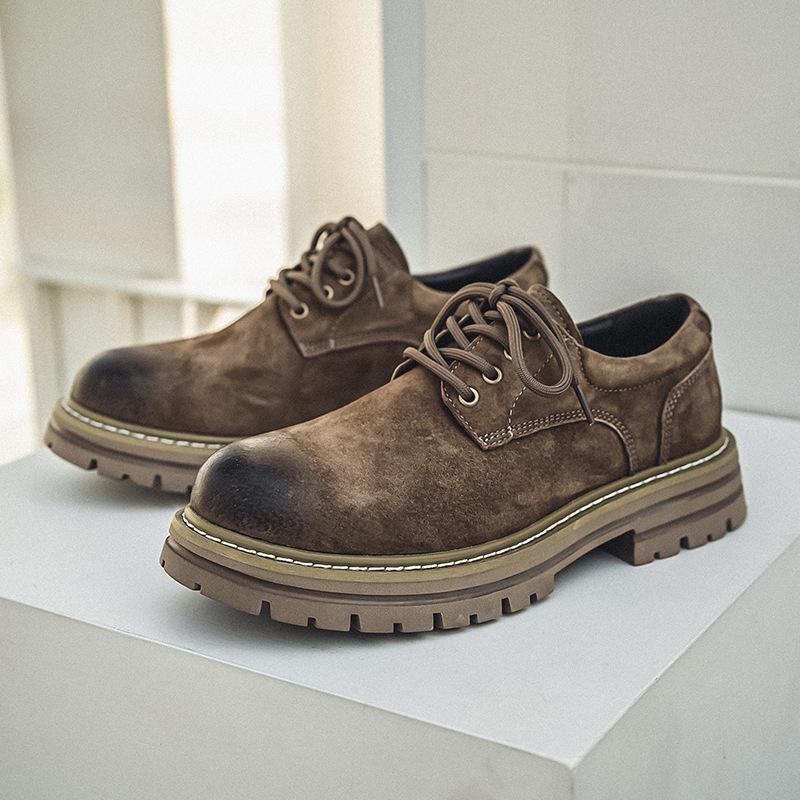 Spring new products men's leather shoes pigskin British retro low-top thick-soled heightening non-slip casual tooling shoes men's versatile