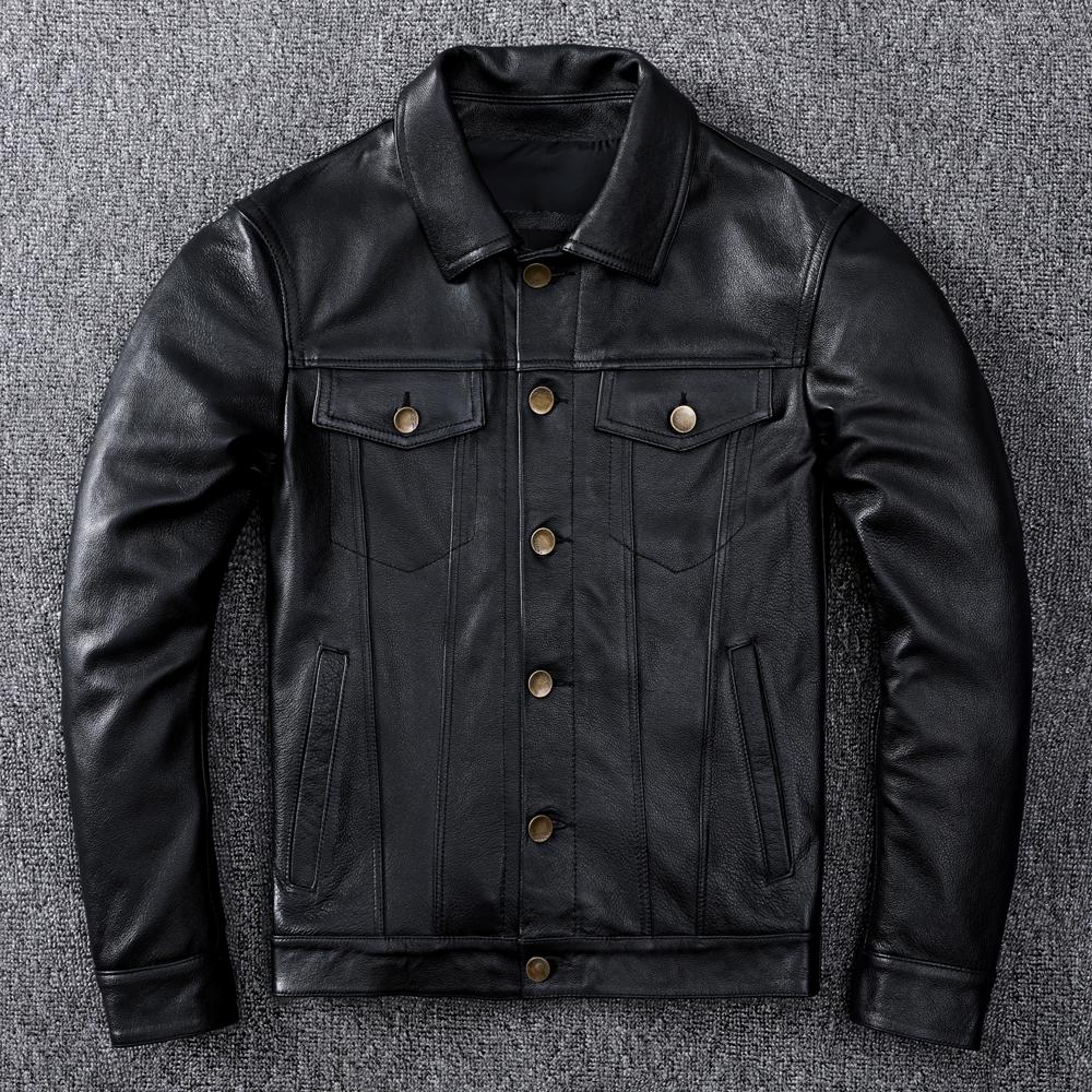Primavera denim jaqueta de couro genuíno clássico fino botão casaco plus size moda masculina roupas de couro