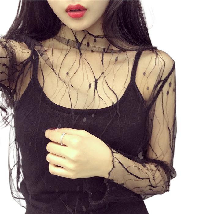 

Сетчатый топ с длинными рукавами для женщин, кружевные прозрачные топы с прозрачным вырезом и цветочной вышивкой, прозрачное боди, рубашка в сетку L чёрный