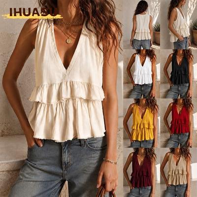 Women's Fashion Casual Solid Color Print Sleeveless V Neck Blouses & Shirts