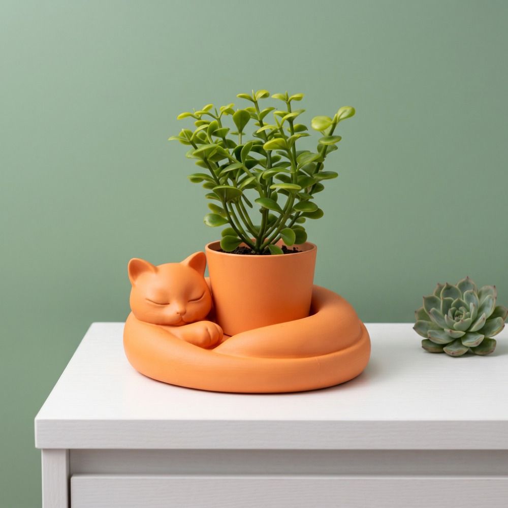 3D Printed Cat Sleeping Flowerpot Plastic Animal Shaped Planter Cat-Shaped Planter Pot Desktop