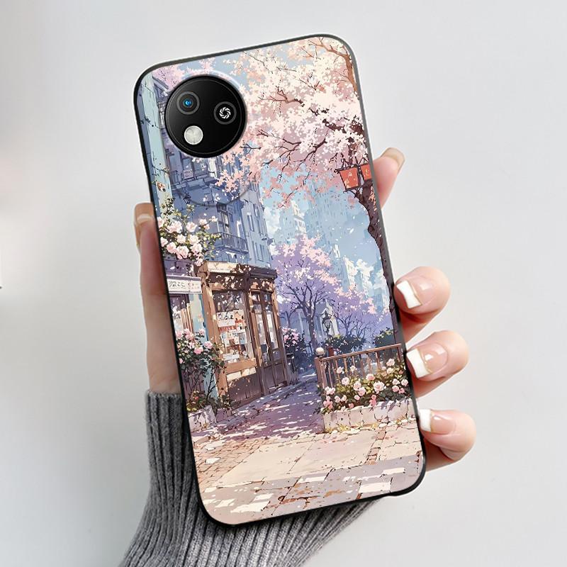 For ZTE Blade A35 Lite/A35 Core Jelly Soft Black Cover Romantic Scenery Pattern Coconut Tree Wildflower Sunflower Casing
