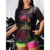 Neuer hochtaillierter Boxershorts Netzbluse Dreiteiler Kokospalmenmuster Schlanker Damenbadeanzug