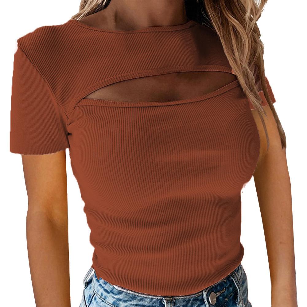 T-shirt da donna estiva Petto sexy scavato a maniche corte a costine Top torace da esposizione sexy alla moda femminile