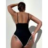 Schwarzer Strick Einteiliger Badeanzug mit Brust 2025 Damen Patchwork V-Ausschnitt Push-Up Bauchkontrolle Bademode Strand Badeanzug Monokini