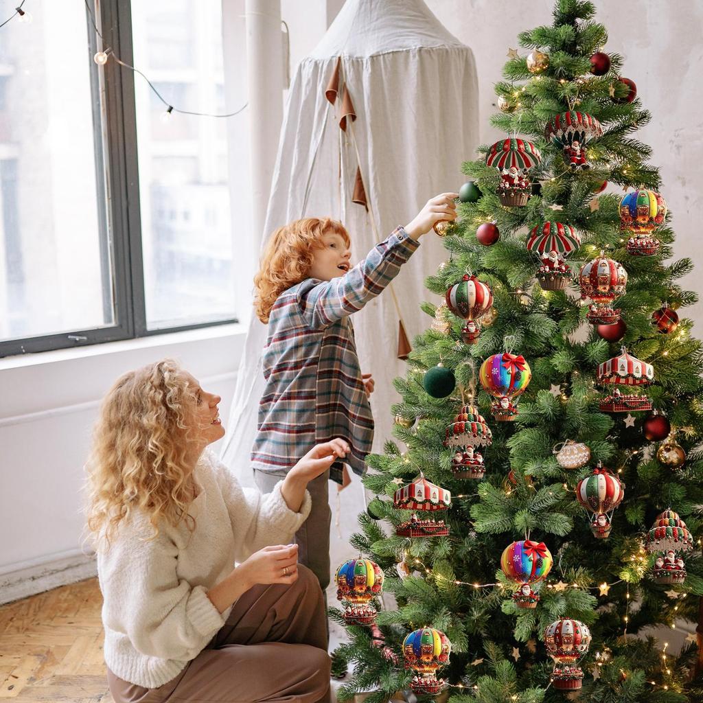 Christmas Tree Ornament 10 Pieces 2D Acrylic Holiday Decoration Santa Hot Air Balloon Ornament for Window Bedroom Living Room