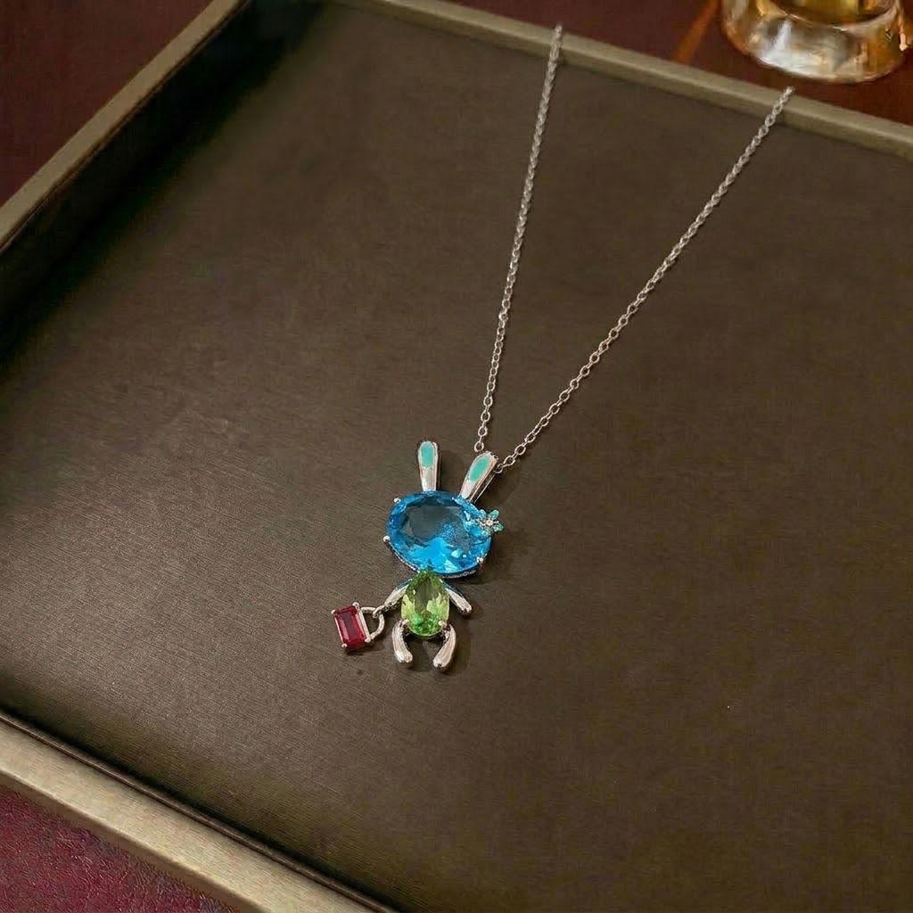 Women's Retro Zodiac Birthstone Moon Rabbit Necklace – Zircon Pendant for Valentine's & Qixi Festival