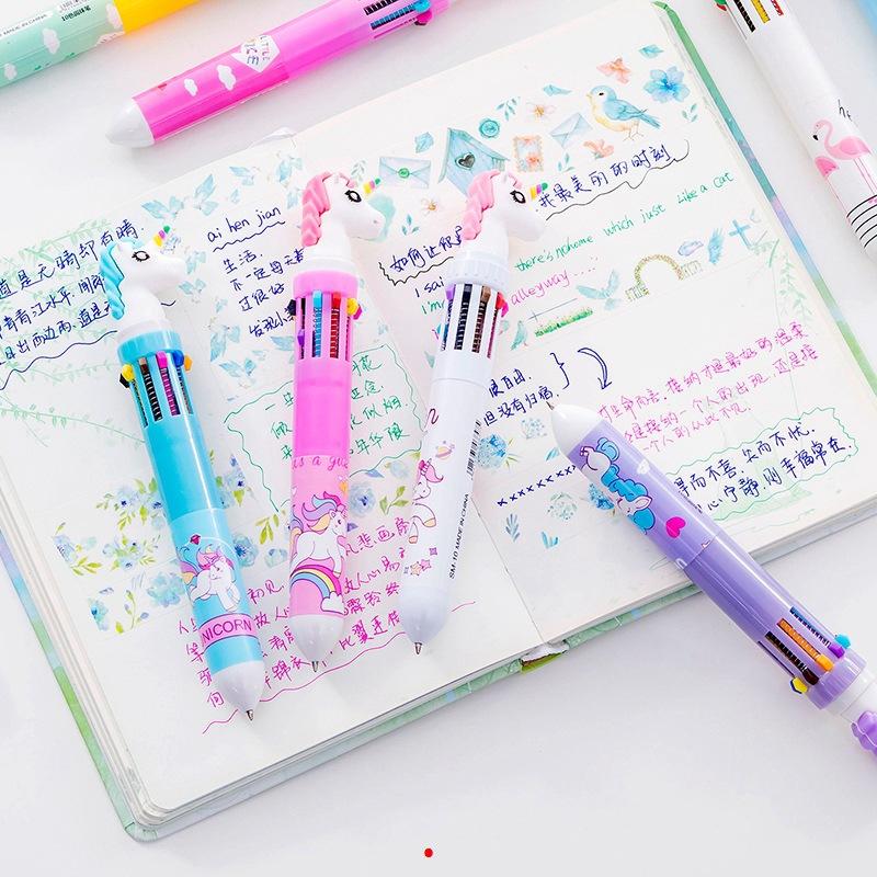 4Pcs Cute Cartoon 10 Color Ballpoint Pen Multi-color Retractable Oil Pen Kawaii Unicorn Swan Dinosaur Office School Supplies