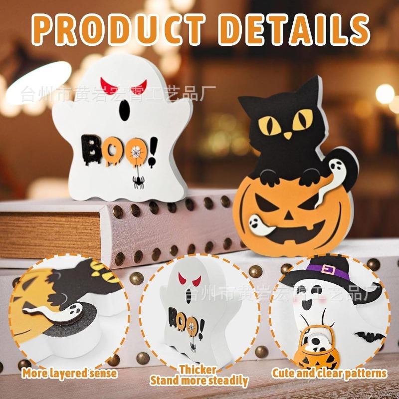 New Halloween Decorations Pumpkin Wooden Ornaments Ghost Festival Atmosphere Decoration Dwarf Ghost Black Cat Wood Products