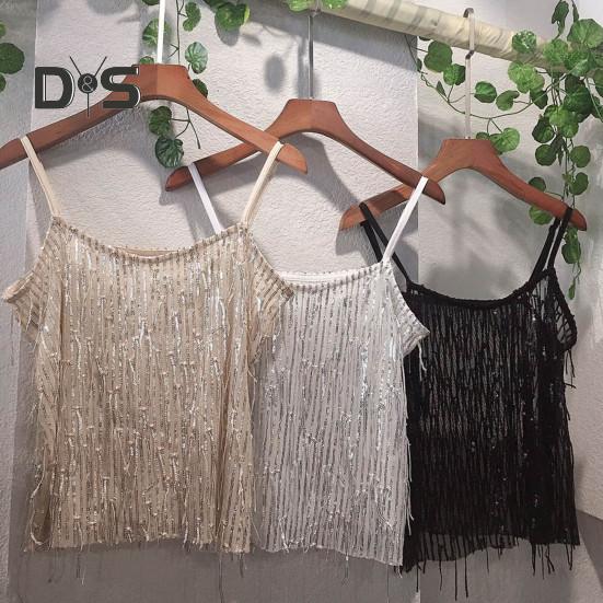 

Сексуальные топы на бретелях с регулируемыми бретелями, жилет без рукавов с v-образным вырезом, блестящие блестки, украшение кисточками, прозрачный топ на подтяжках абрикосовый