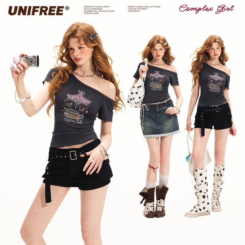 UNIFREE American Retro Carousel Rhinestone T-Shirt M