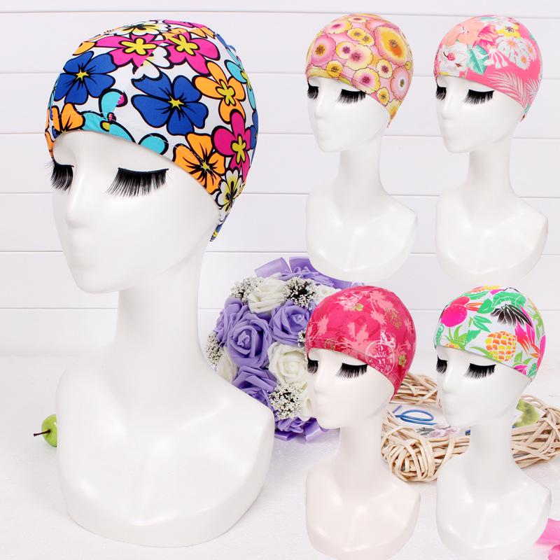 Black Floral Adult Swim Cap with Ear Protection - Fits Long Hair, Polyester/Nylon Fabric, Unisex