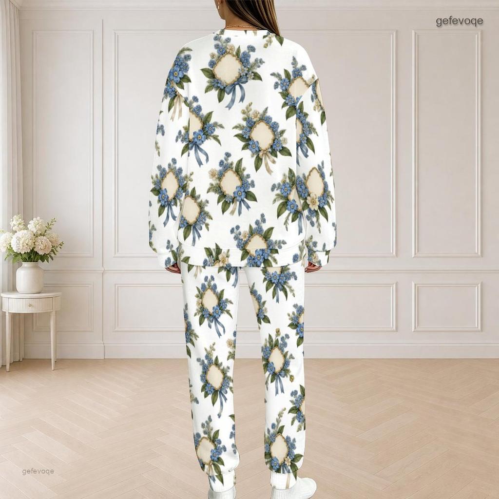 Women Plus Size White Floral Printed Round Neck Long Sleeve Top And Pants Set