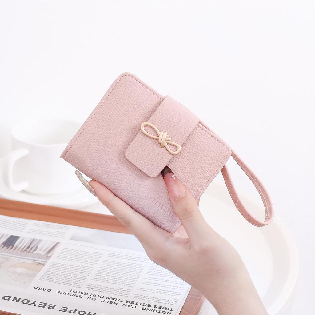 Korean Style Women's Bow Short Wallet Clutch with Zipper Wristlet