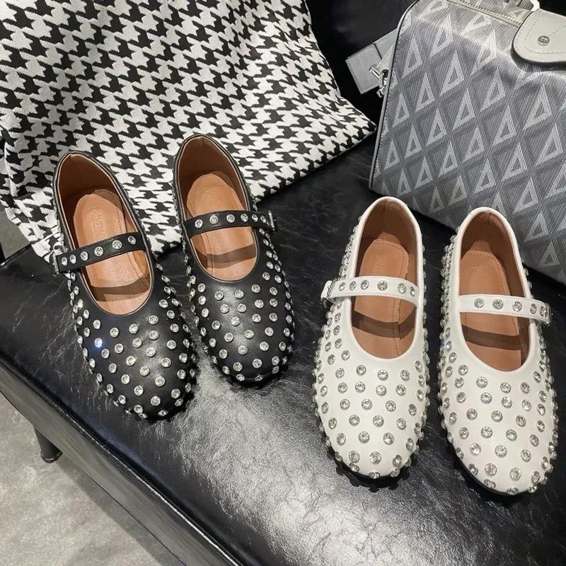 Sheepskin version of high sense ~ new leather rhinestone rivets Mary Jane shoes women's shoes flat ballet shoes