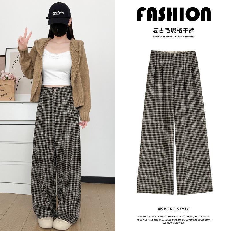 Retro woolen plaid pants women's new autumn straight loose Maillard wear glutinous rice Yamamoto wide-leg pants