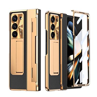 Zploštělé pouzdro s plochým koženým držákem Hinge pro Samsung Galaxy Z Fold 5 4 3 5G Kryt s tvrzeným sklem pro pouzdro Z Fold4 Fold3