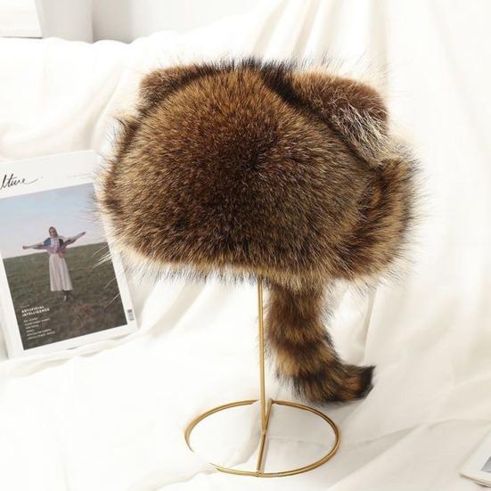 Raccoon Plush Hat with Ears Tail Design Windproof Thickened Winter Warm Plush Ear Protection Hat for Kid Adult