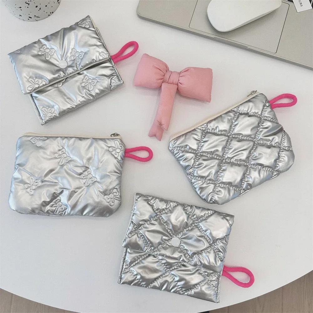 Silver Lingge Bow Pattern Coin Purses Small Canvas Coin Wallet Lady Girls Earphone Coin Key Money Storage Bag Zipper Pouch