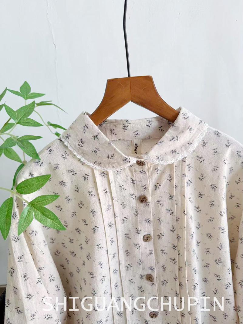 Sweet Japanese-Style Floral Lace Doll Collar Pleated Long-Sleeve Women s Shirt for Spring L