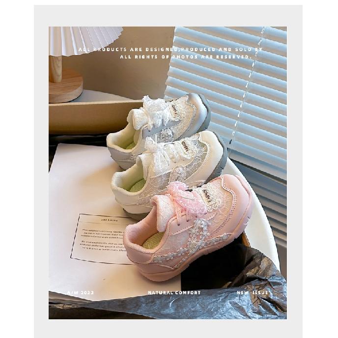 Girls' Solid Color Sneakers2026Summer New Lace Bow Princess Casual Shoes with Small Flowers Running Shoes