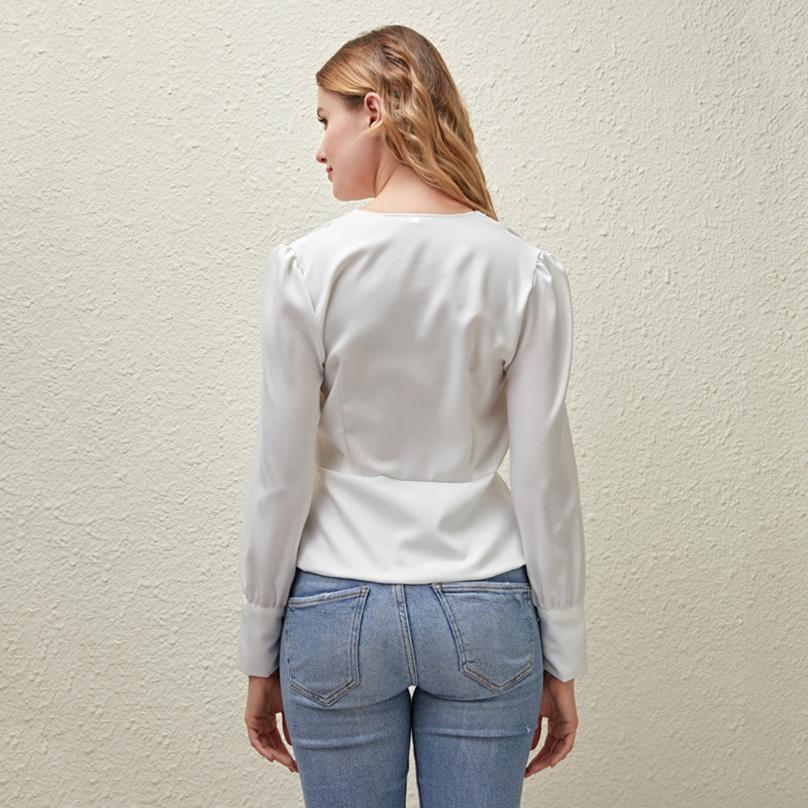Women Fashion Solid Color Long-sleeved Sexy V-neck Shirt Lady's Casual Thin Shirt