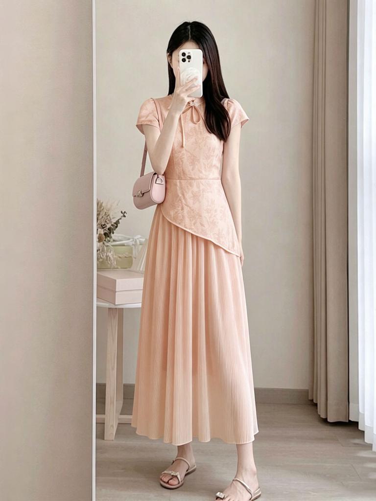 [Spot] Early Summer American Style Dress, New Chinese Style Retro Improved Cheongsam Waist Temperament Dress