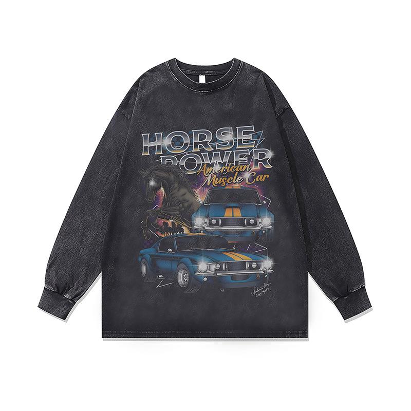 American Retro Digital Direct Injection Printing Bottoming Shirt Top Hip-Hop Pure Cotton Washed Loose Long-Sleeved T-Shirt Men