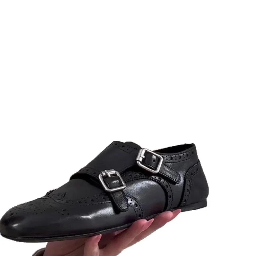 Fashion Comfortable Leather Flat Bottom Loafers Women's Retro Embossed Belt Buckle Square Head Single Shoes Genuine Leather Versatile Mi