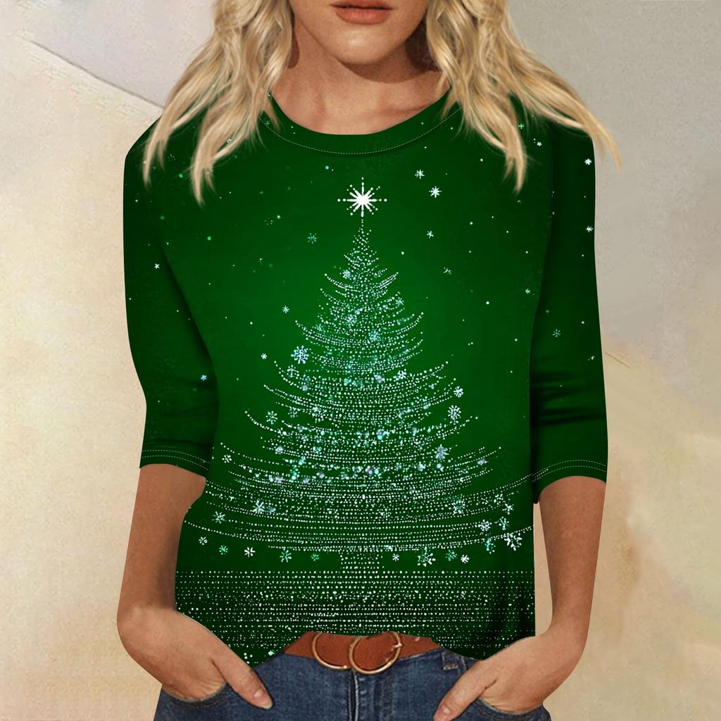 Women's Fashion Casual Round Neck 3/4 Sleeve Loose Printed T-Shirt Ladies Top