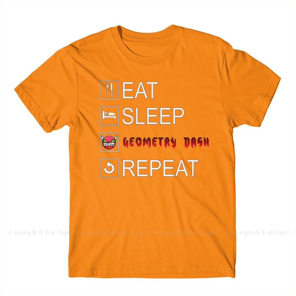 Geometry Dash 2021 New Arrival Tshirt Eat Sleep Geometry Dash Repeat Coloured Unique Crewneck Cotton For Unisex Shirts Flus Size