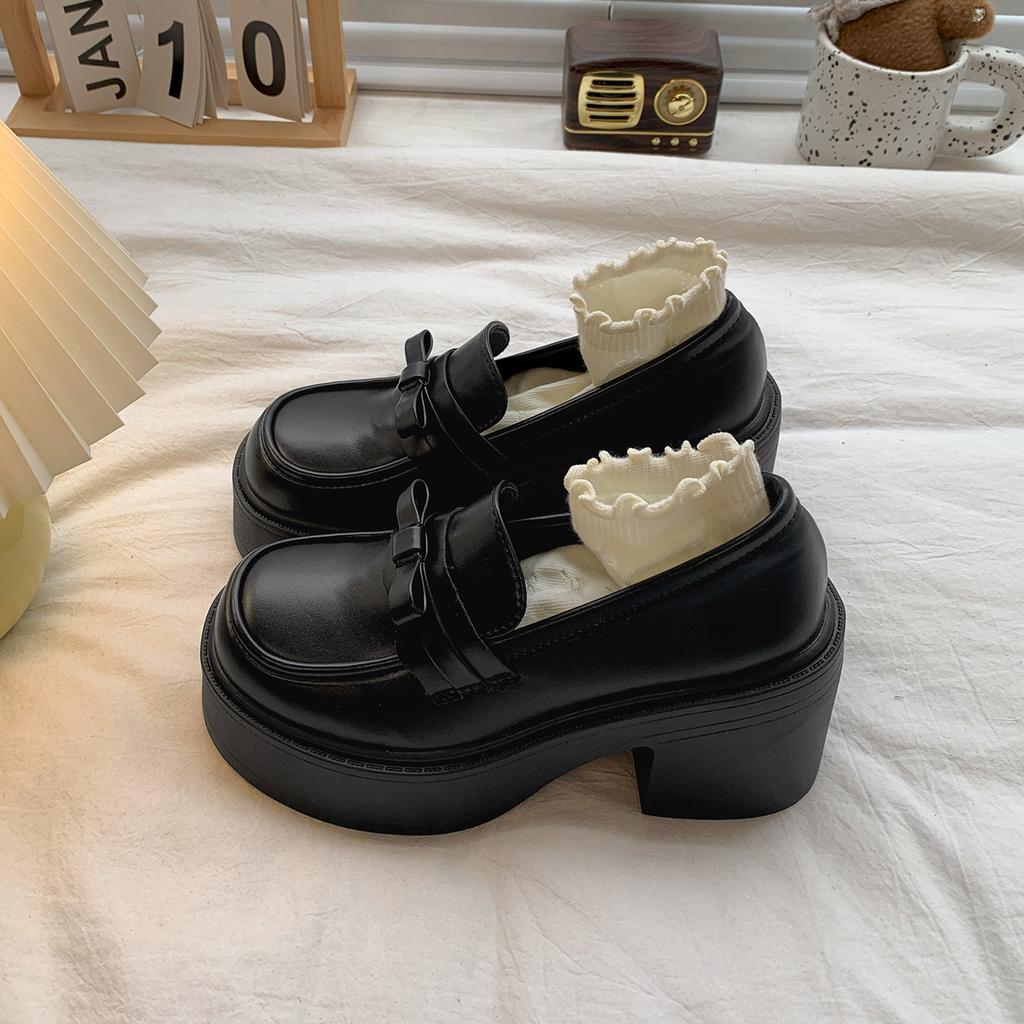 Black British style platform thick high-heeled small leather shoes women's 2025 new autumn skirt retro heightening loafers