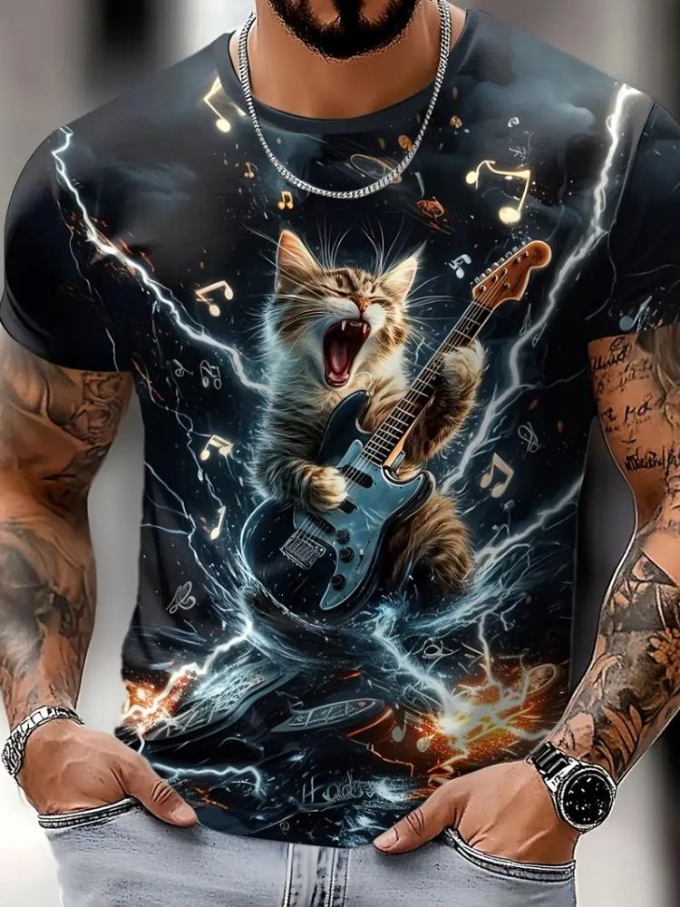 Men T-Shirt Digital Cat Doing Print Summer Round Neck Funny Taekwondo Graphic T Shirts Street Short Sleeve Tee Men's Clothing