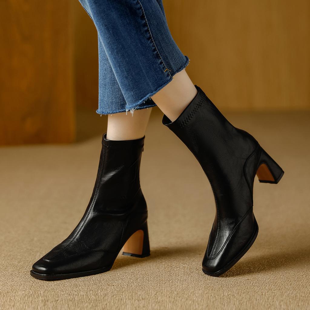 French Retro Square Head High-heeled Short Boots Women's Autumn New Rear Zipper Soft Leather Fashion Temperament Versatile Commuter Martin Boots