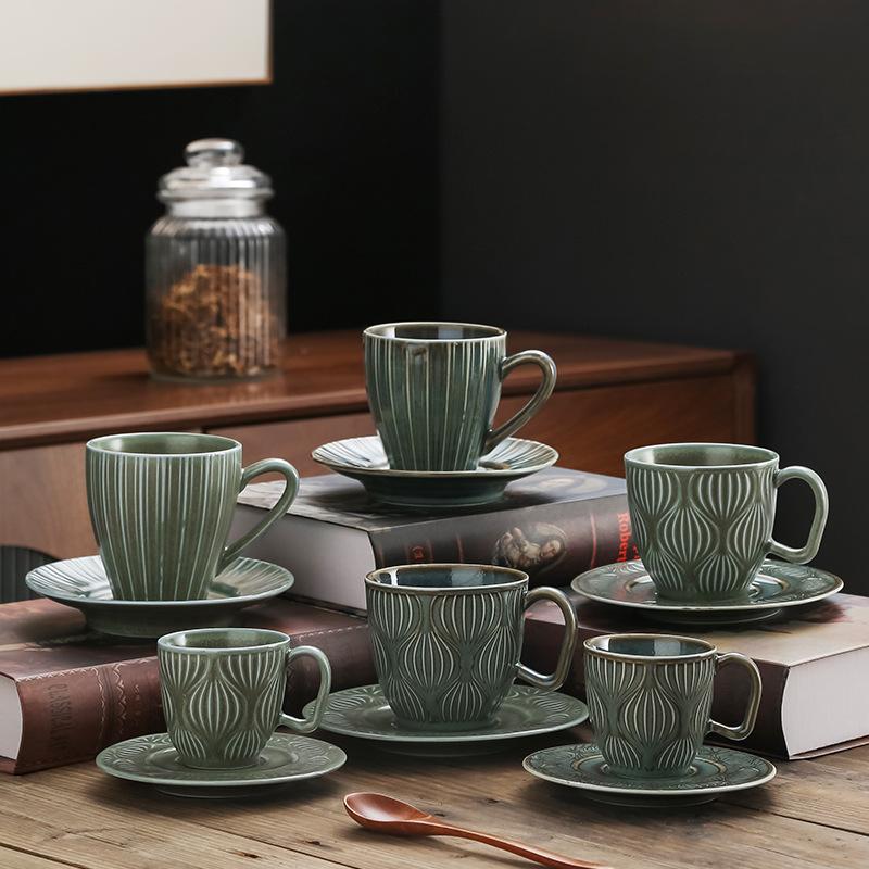 Japanese Coffee Cup Retro Kiln Ceramic Cup Household Creative Relief Water Cup Set Cup Saucer