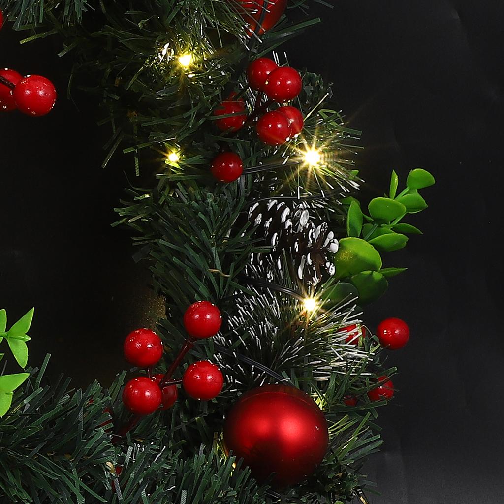 Christmas Wreath With Led Lights Red Berries Pine Cones Faux Evergreen For Front Door Wall Fireplace Holiday Decor Outdoor