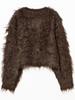 Ray Beams Women's Mix Shaggy Crew Neck Cardigan In Brown, Size 6 (Brown, Free Size)
