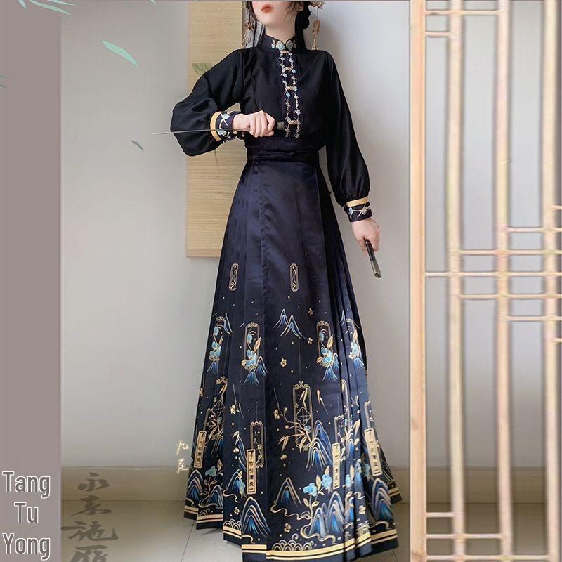 2026 New Style Hanfu: Women's Ming Dynasty-Inspired Round Collar Jacket with Heavy Embroidery and Velvet Thickened Mamian Skirt for Autumn/Winter.