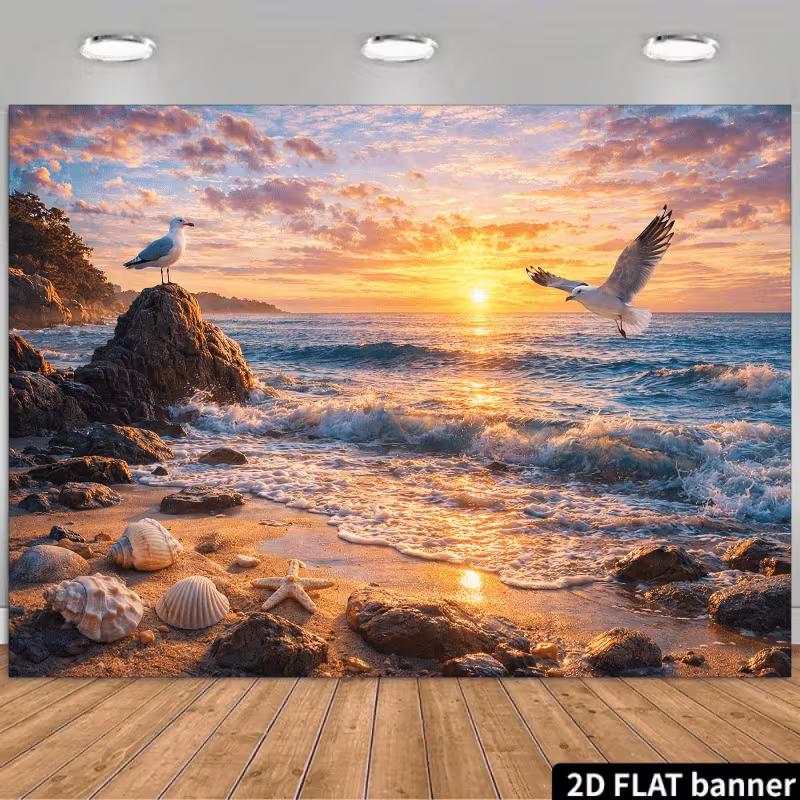 

2D Coastal Sunset Backdrop, Seashore Rocks & Seashells Photography Background 47.2x31.5inch/120*80cm