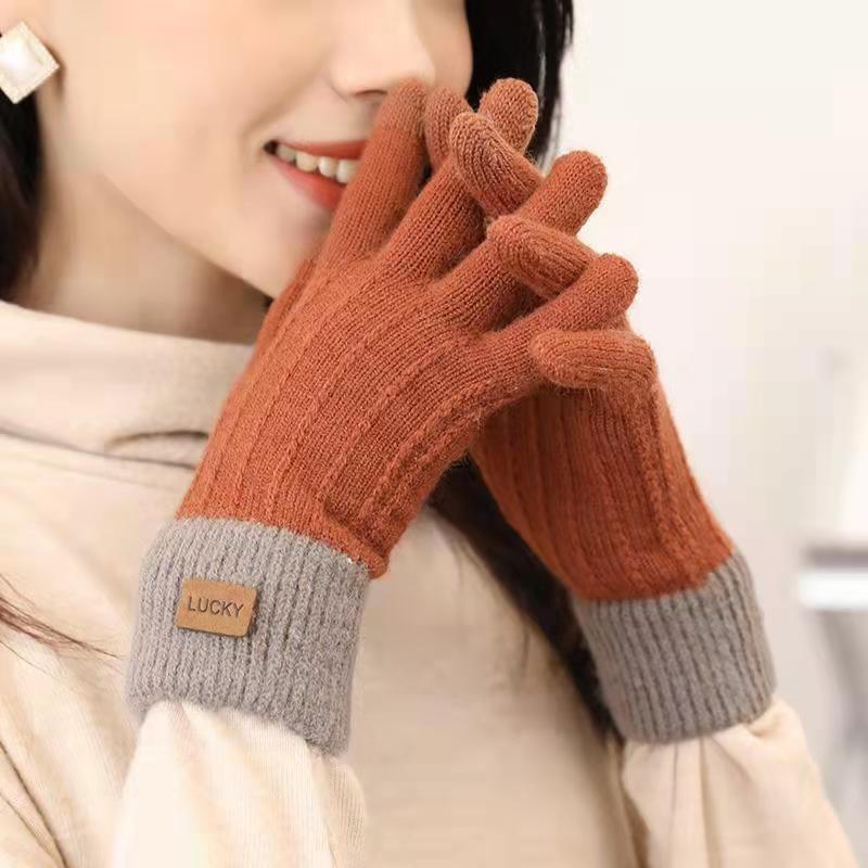 Gloves Female Winter Cute Velvet Thickened Knitted Wool Five-finger Riding Winter Warm and Cold-proof Students