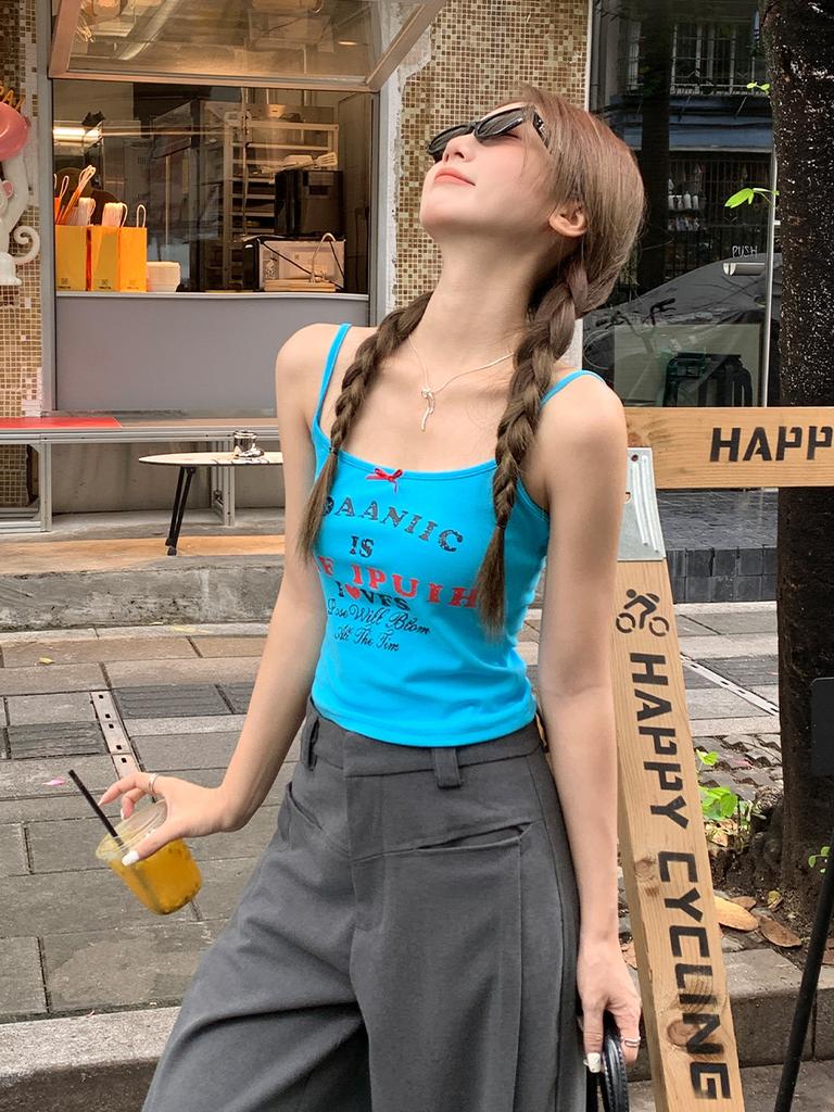 American Spice Girl Letter Print Suspender Vest Women's Summer New Outer Wear Inner Slim and Thin Bow Top