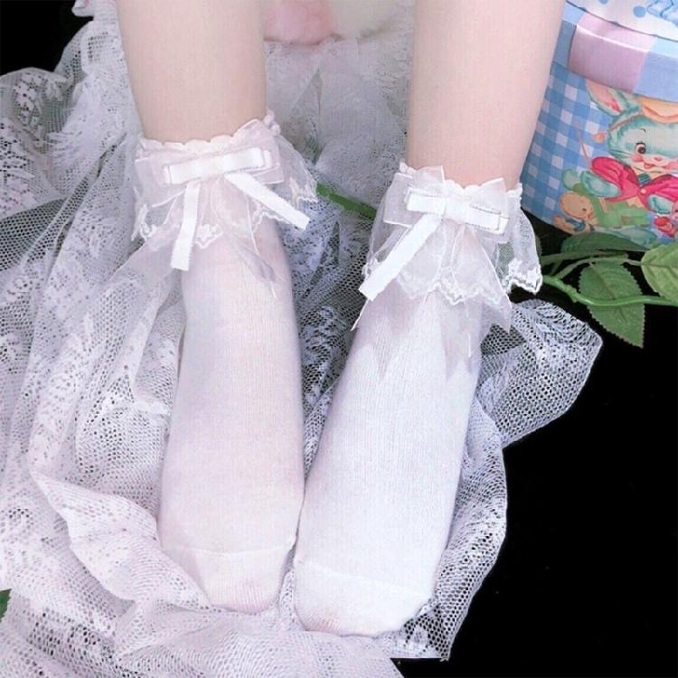 Calcetines Tobilleros Dulces para Mujer con Lazo y Nudo Calado Japonés Lindos Calcetines de Algodón con Volantes y Encaje